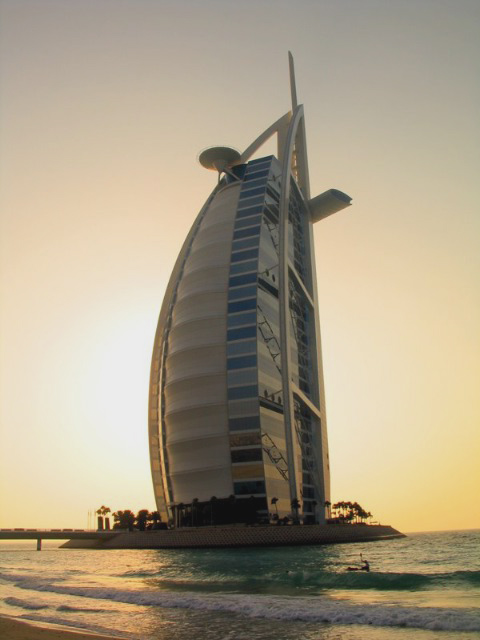 The Burj al-Arab hotel in Dubai, the world's tallest hotel.  This is the only 7-star hotel in existence, the most luxurious in world by a long shot.  The hotel stands on an artificial island in sea