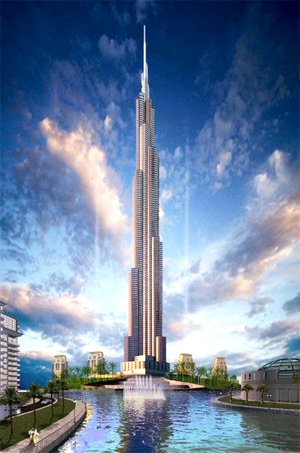 The Burj Dubai.  Construction began in 2005 and done in 2008. Over 800 meters, easily the tallest building in world, almost 40% taller than current tallest bldg, the Yaipei 101.